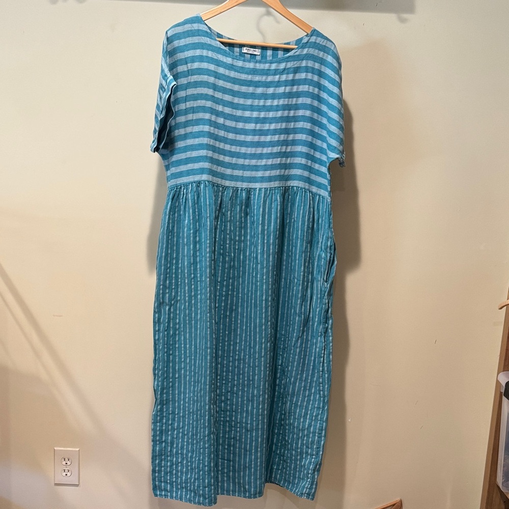 Blue Striped Linen  Midi Dress